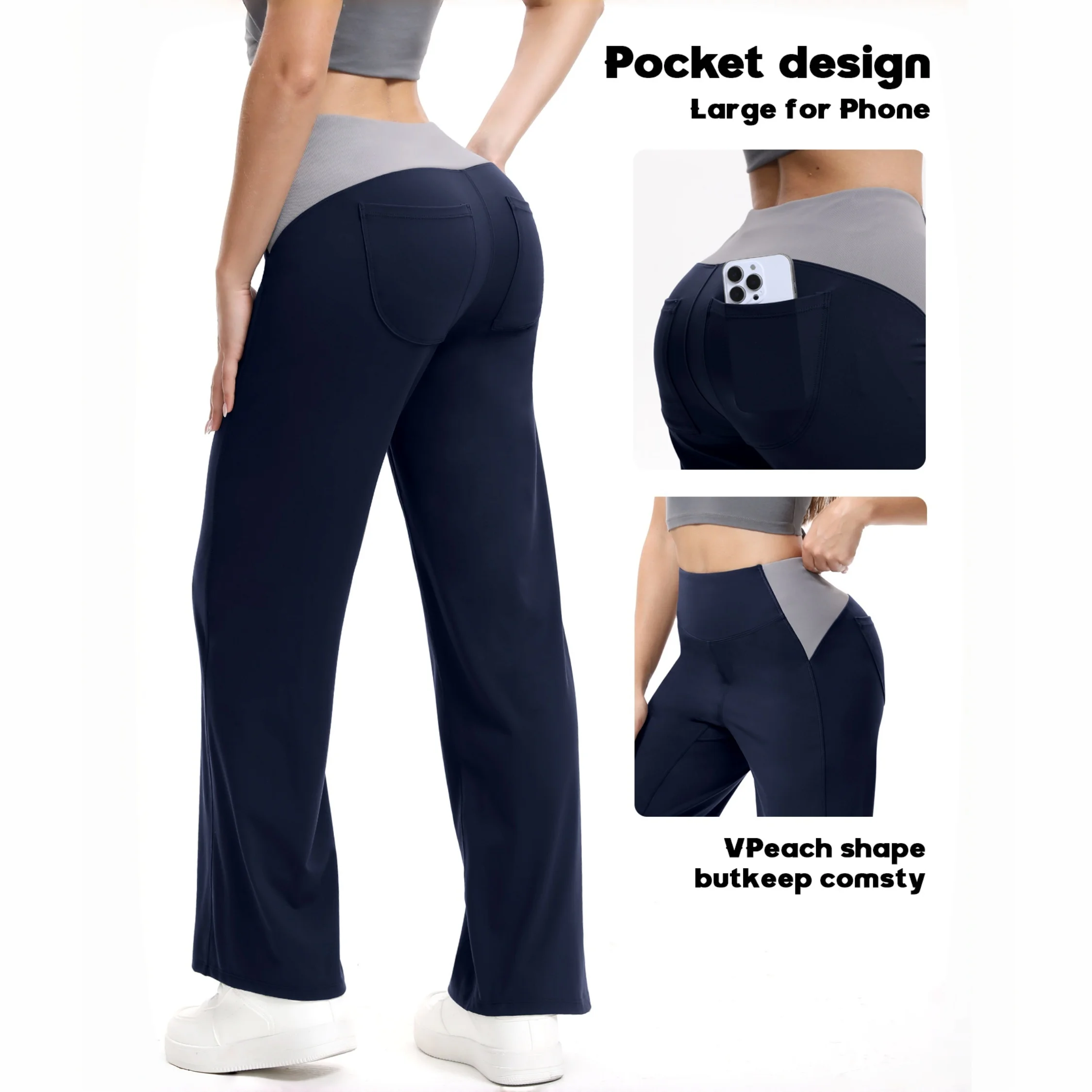 Women Color Block High Rise Flare Yoga Pants Tummy Control Butt Lifting Elastic Gym Workout Pants With Back Pockets