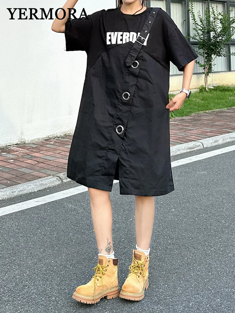 YERMORA Frauen Schwarz Gefälschte Zwei Stück Gedruckt Casual T-shirt Kleid Oansatz Kurzarm Lose Neue Mode Flut Frühling Sommer 2025