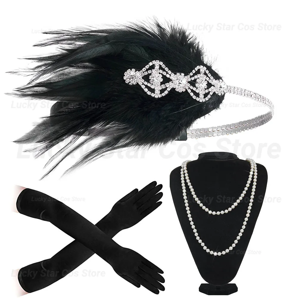 

New Women 20s Great Gatsby Party Costume Flapper Headband Pearl Necklace Glove 1920s Great Gatsby Headpiece Accessories Set