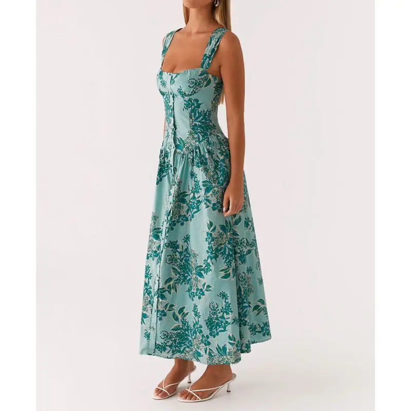 Combhasaki Abito estivo da donna elegante senza maniche con stampa floreale abbottonato spalline larghe collo quadrato smocked swing abito lungo a trapezio