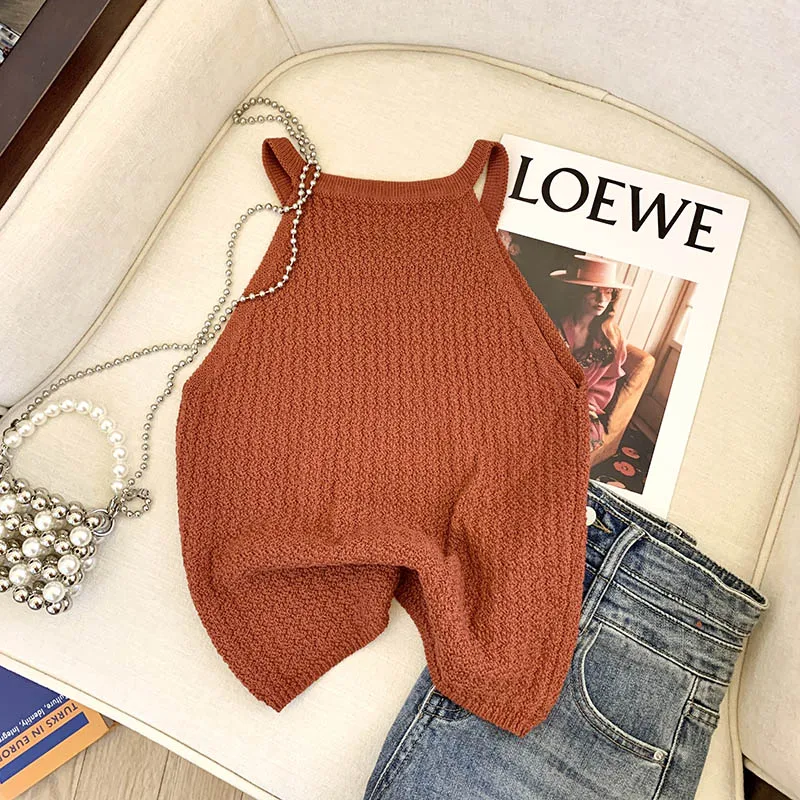 Round Neck Female Slim Knit Crop Tops Women Knitted 2024 Women Halter Tops Summer Beach Tank Top Off Shoulder Tops