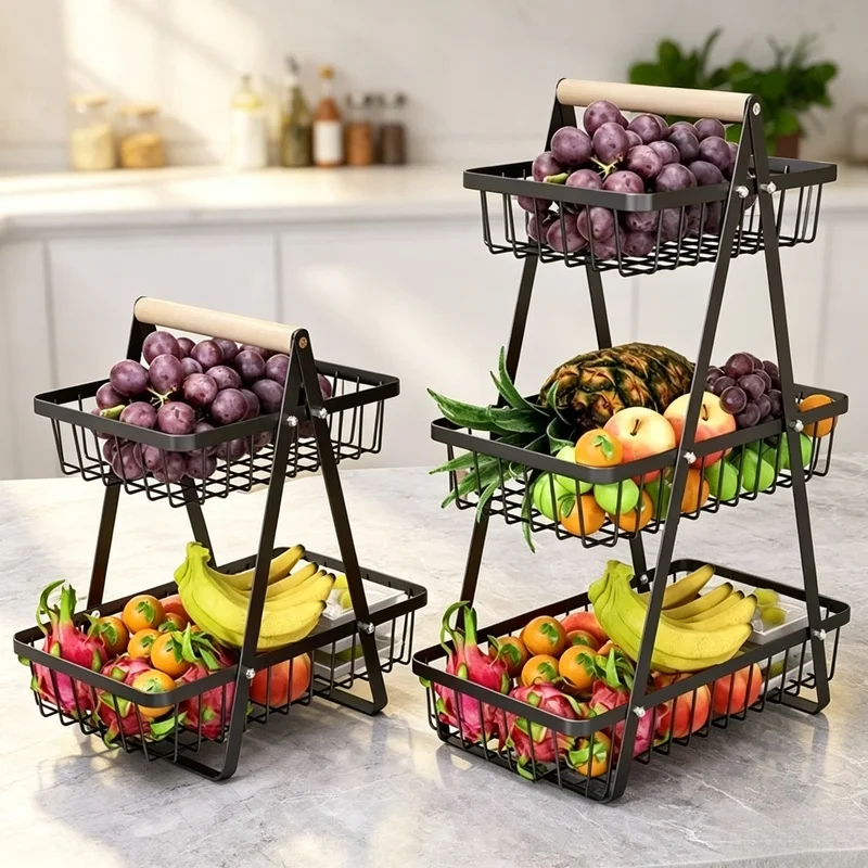 Double‑Layer Handheld Wrought Iron Fruit Storage Basket Portable Multi‑Functional Kitchen Fruit Organizer Rack for Vegetable Sna