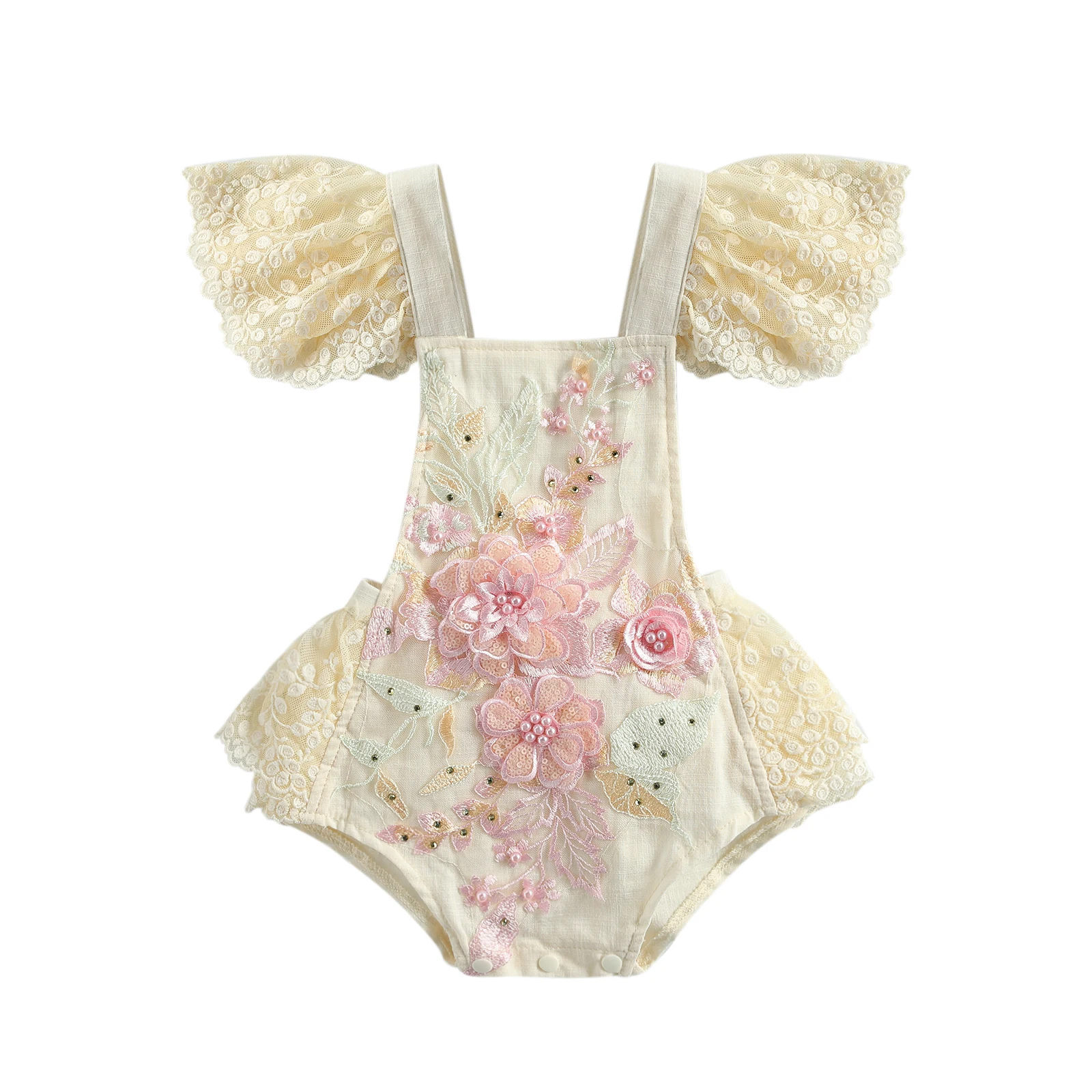 Newborn Baby Girl Crochet Lace Romper Fly Sleeve Square Collar Tie-Up Playsuit for 1st Birthday