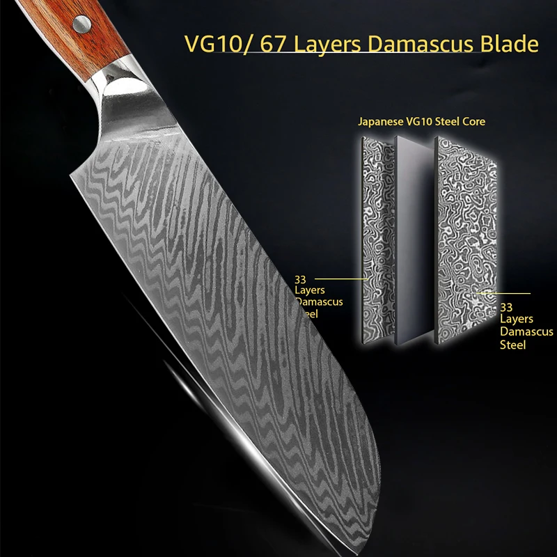 67 Layer Damascus Steel Chef Kitchen Knives Sharp Santoku Slicing Chopping Meat Cleaver Butcher Knife Kitchen Cutting Tools