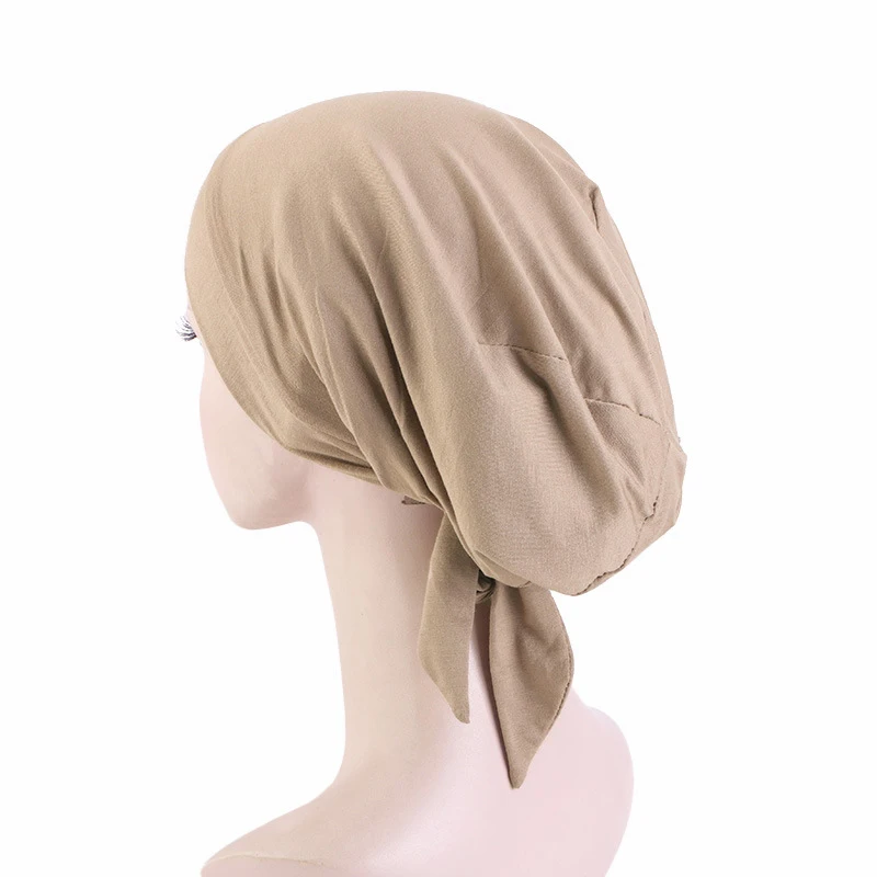 New Women Muslim Satin Hijab Cap Pre-Tied Jersey Hijab Cap Elastic Cotton Solid Color Wrap Head Scarf Stretch Turban Underscarf