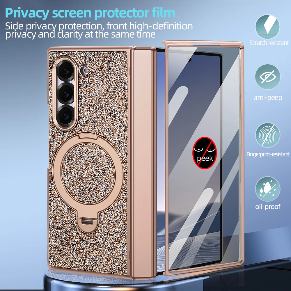 Glitter Bling Faux Leather Plating Magnetic Phone Case For Galaxy Z Fold 7 Fold 6 With Rotatable Holder, Anti-peeping Glass Film view 5