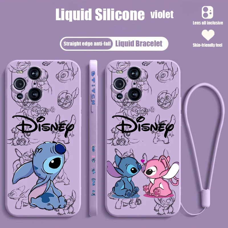 Lilo & Stitch Disney For OPPO Find X6 X5 X3 X2 Pro Lite Neo Liquid Left Rope Silicone TPU Fundas Cover Phone Case