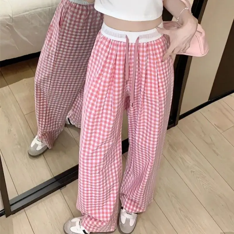 

American Retro Plaid Pants Women Drawstring Hotsweet Soft Full Length Sweet Girl Summer High Street Empire Casual Y2k Straight