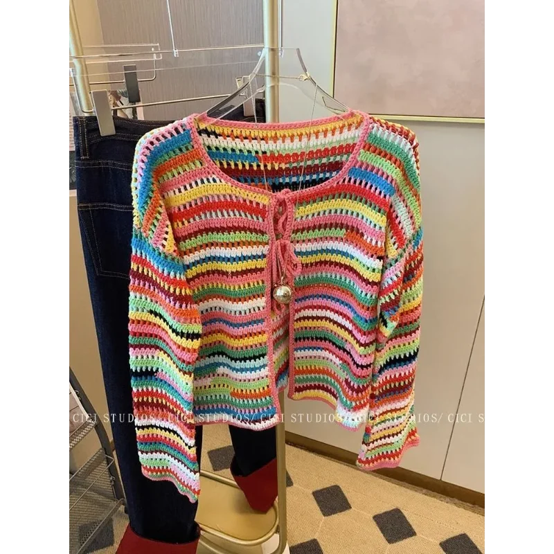 

Holiday Style Striped Knitted Lace-up Sweater For Women's Autumn New Korean Dopamine Top