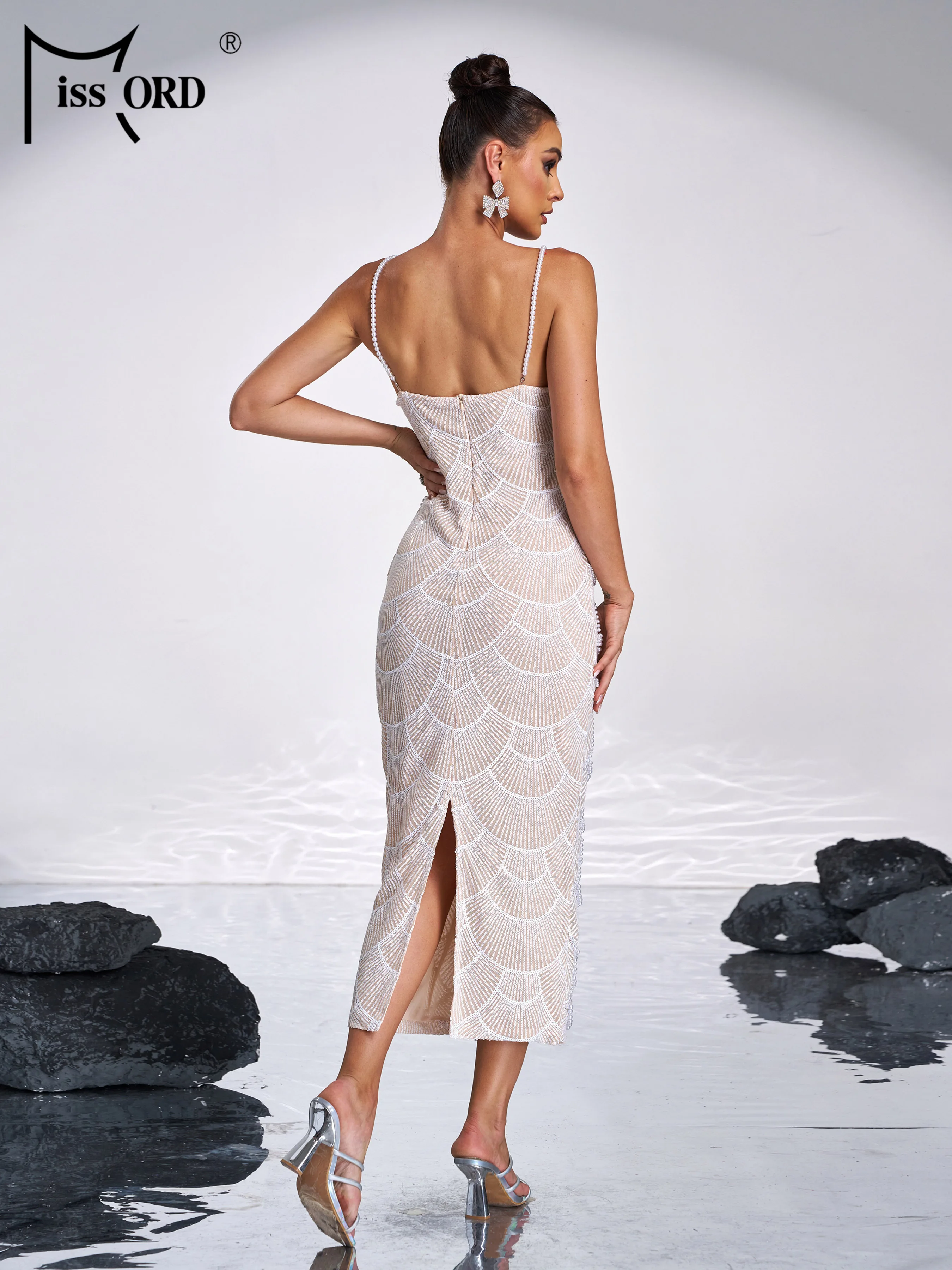 Missord Nieuwe Spaghetti Uitsparing Pailletten Middellange Cocktail Avondjurk Bruiloft Verjaardagsfeestje Afstuderen Formele Gelegenheidsjurk