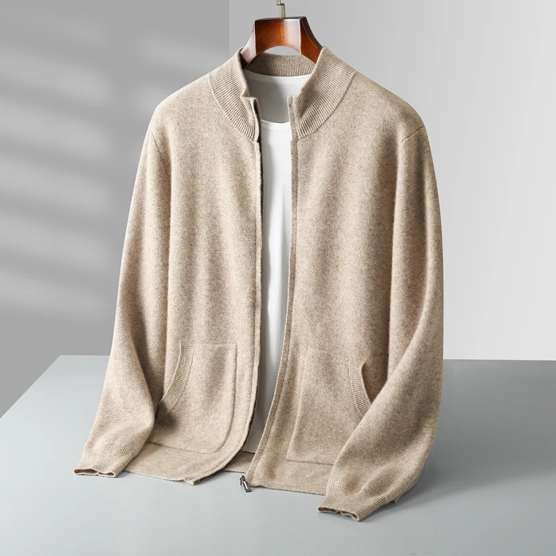 Autumn And Winter New 100% Pure Wool Men's Knitted Semi-Turtleneck Jacket Thickened Zipper Sweater Cashmere coat