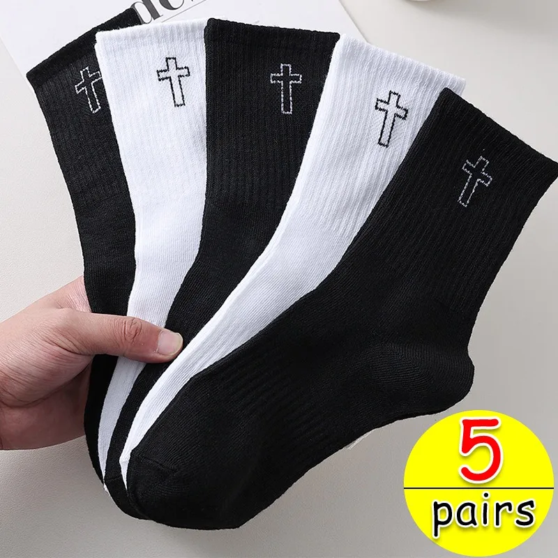 

5Pairs Men's High-Cut Solid Sports Socks Breathable Unisex Mid-Calf Casual Sock Black White Cross Print Couple Socks All-Season