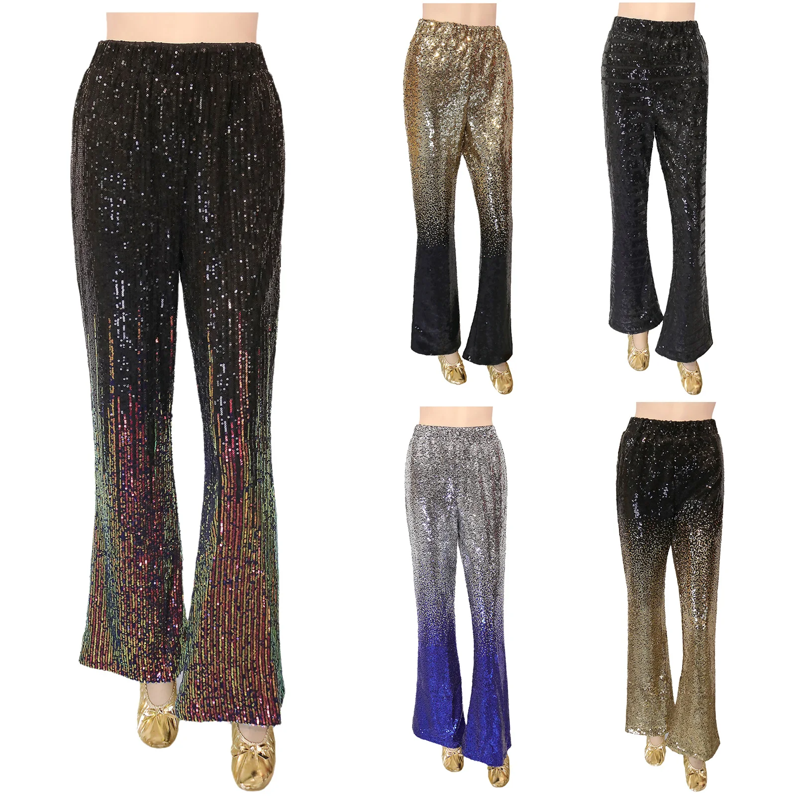 Mulheres brilhantes lantejoulas jazz dança queimado calças gradiente lantejoulas cintura elástica calças de perna larga para tango latino dança de salão