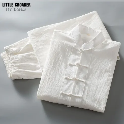 Imagen 1 del producto Traje Tang tradicional chino para hombre, traje de manga larga de lino y algodón, uniforme informal de Kung Fu Tai Chi, chaqueta y pantalones Wing Chun