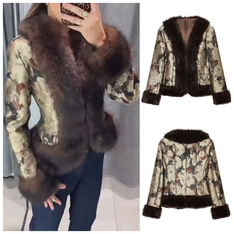 Guobioziy 2026 Women’s New Retro Jacquard Fur Waist Drawn V Neck Fuzzy Jacket Fashionable and Versatile Elegant and Casual