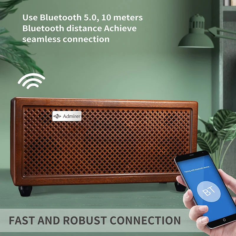Solid Wood Retro Stereo Speaker 100W Bluetooth 5.0 Karaoke Soundbox Built-in Mic With 2 Wireless Microphones
