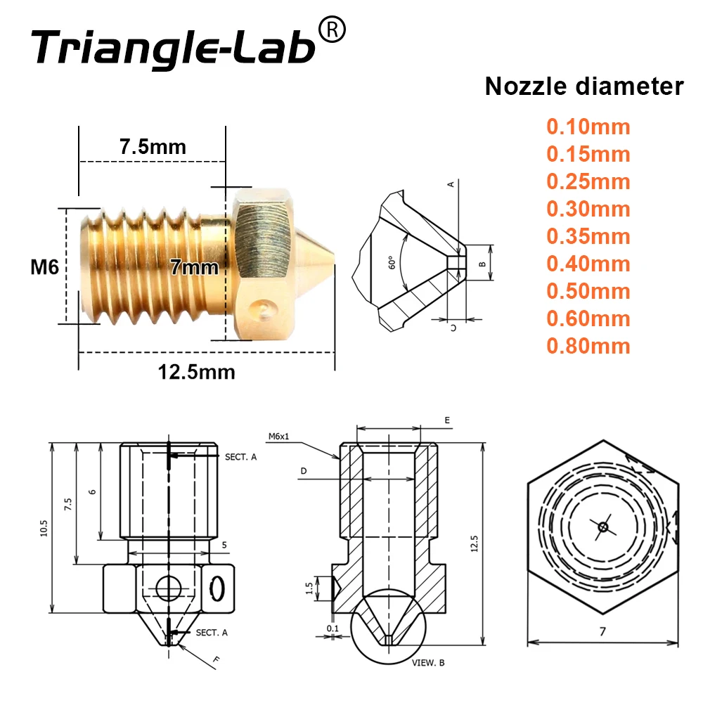 trianglelab BRASS V6 Nozzle for 3D printers hotend 3D printer nozzle for TD6 DDE CHC KIT v6 hotend extruder prusa i3 mk3