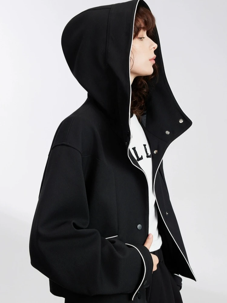 CHEERART Giacca invernale in lana con cappuccio firmata Donna Cappotto con zip in colore a contrasto Nero Nuovo in capispalla Moda autunnale 2025