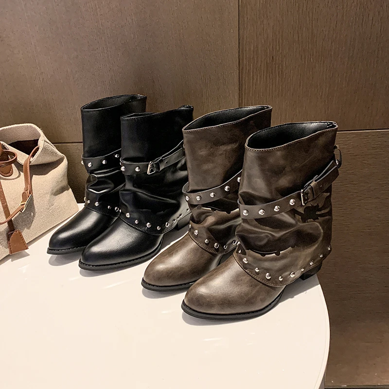 Wrinkled Pile Pile Western Denim Rivet Short Boots 2026 Autumn and Winter New Coarse Heel Fashion Women's Shoes