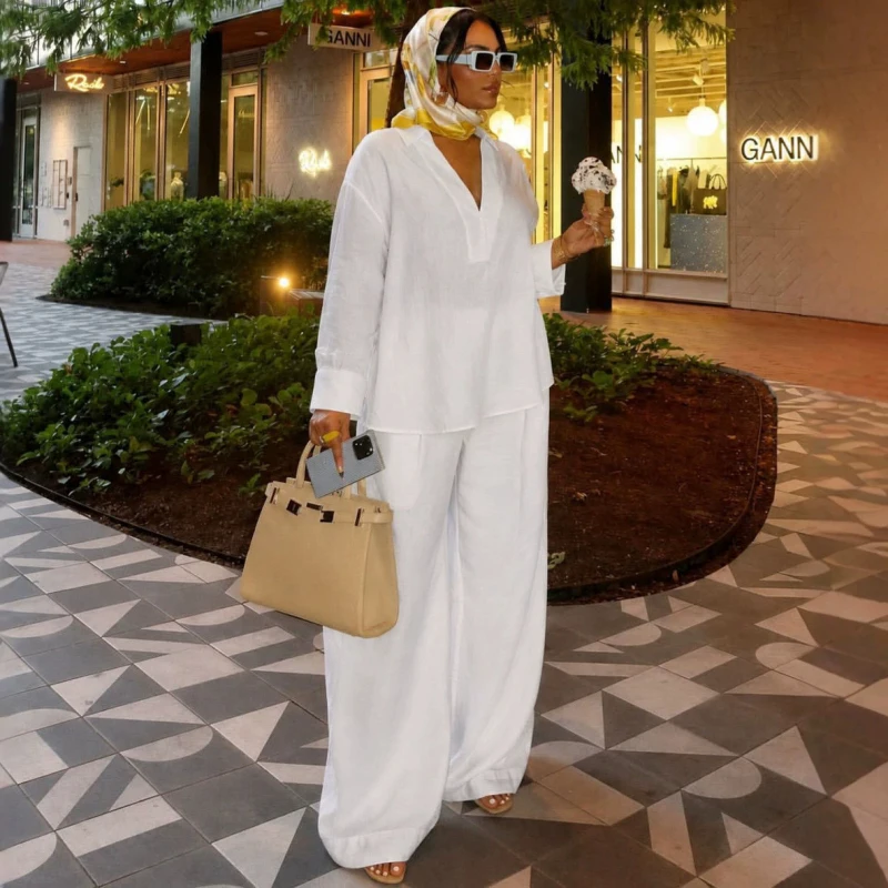 Elegant New African Fashion Women Two Piece Set White Color Loose Full Sleeve Top And Pants Set Casual Outfits