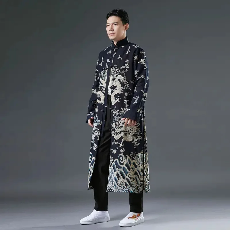 

Men Print Dragon Cotton Linen Tang Tops Chinese Style Retro Button Robe Gown Casual Mandarin Collar Shirt Harajuku Kimono Coat