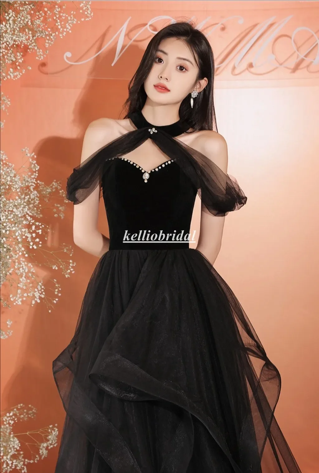 Aangepaste Halter Halslijn Avondjurken Ruches Rok Aline Tule Formele Zwarte Feestjurk LRF003