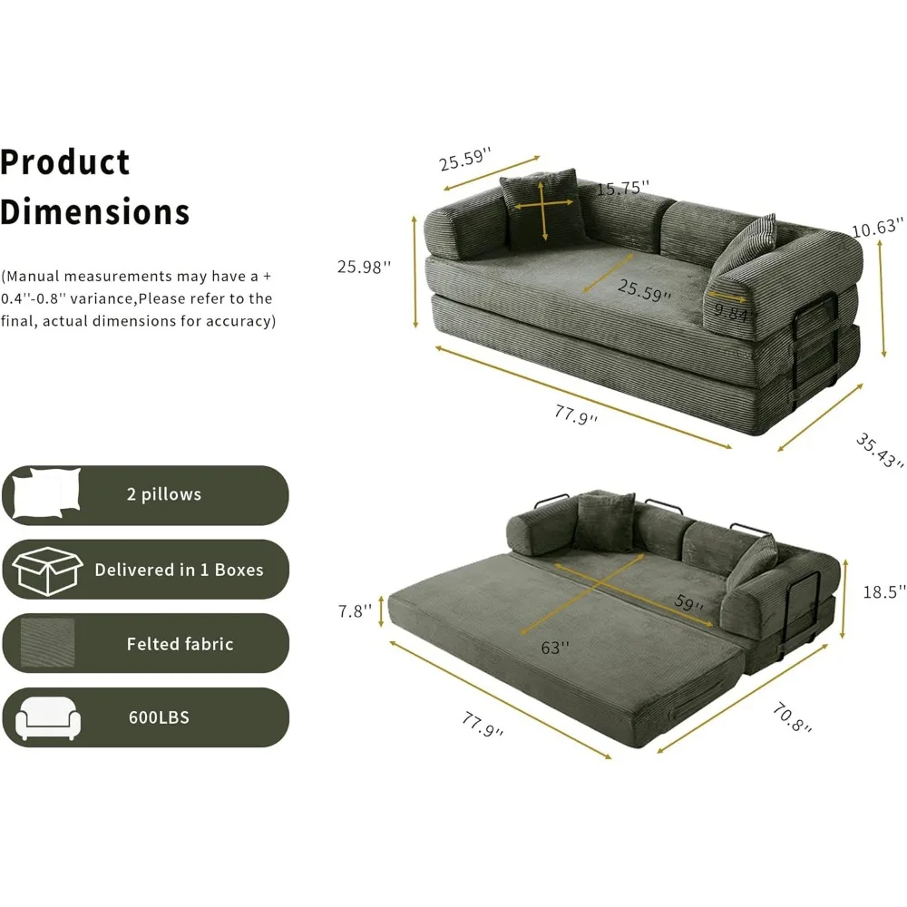 Диван-кровать-раскладушка 5-в-1, складной диван-кровать, железный каркас, пена высокой плотности, вельветовая обивка, компактная мебель