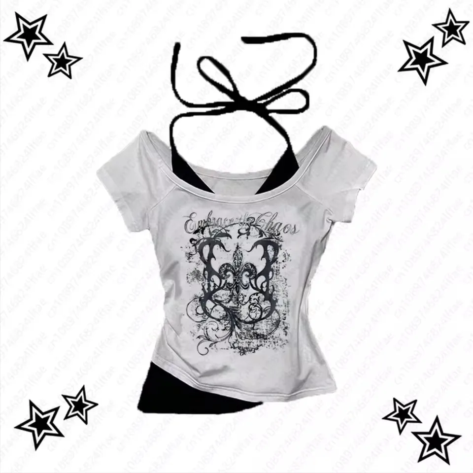 여성 90년대 빈티지 펑크 티셔츠 여름 streetwear 섹시한 반팔 고딕 슬림 크롭 탑 hotgirl 캐주얼 femme tee 하라주쿠 y2k