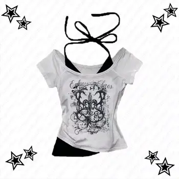 90年代復古龐克女款T卹 夏季街頭風 性感短袖哥德修身露臍上衣 辣妹休閒女用T卹 原宿Y2K 10 最佳銷售 千禧歌德 - №1