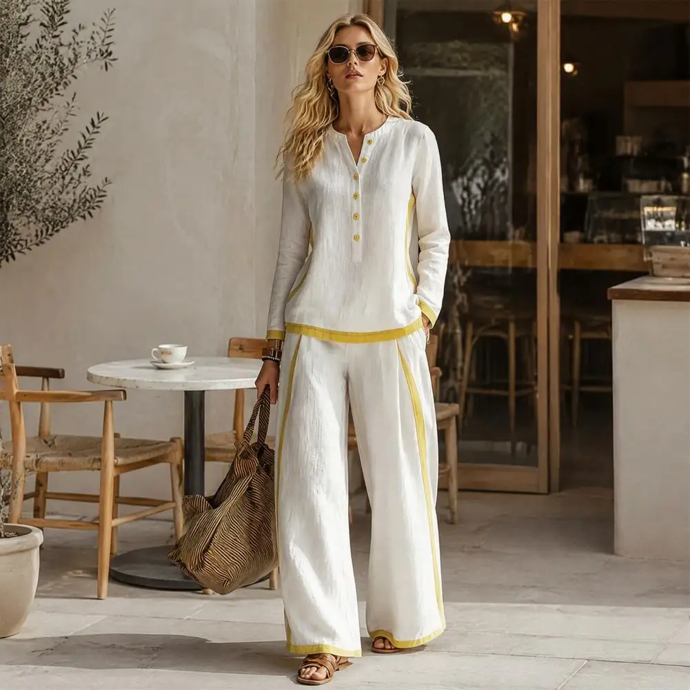 Women Sweatshirt Women’s Two Piece Matching Set V-neck Button-up Sweatshirt High Waisted Wide Leg Pants Contrast Color Lounge