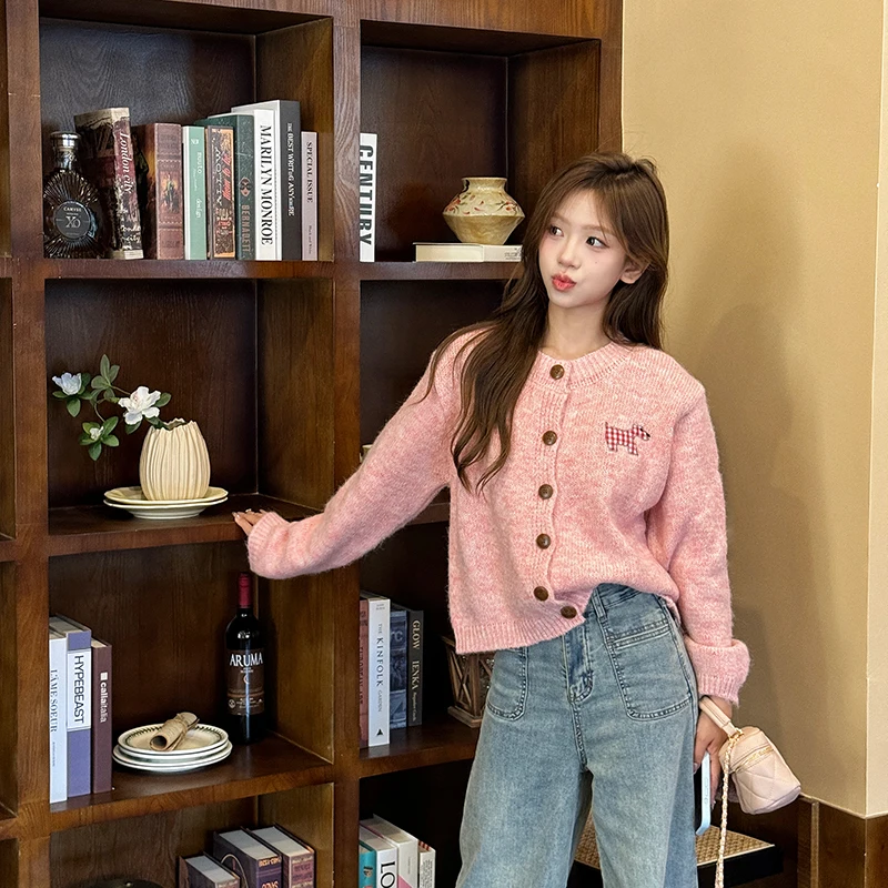 

Вязаный открытый кардиган с мягкими глазами и нашивкой для собак, женский свободный свитер ранней весны Jaet Sweet Sle, прямая трубка, длинный све