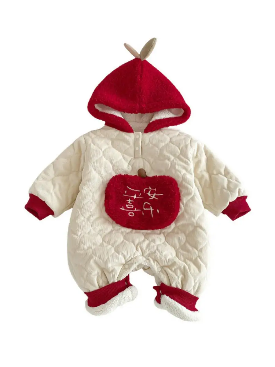 ملابس السنة الجديدة للأطفال الرضع، بدلة شتوية مبطنة بغطاء للرأس، تصميم متعدد الألوان، مادة ناعمة ومريحة للرضع