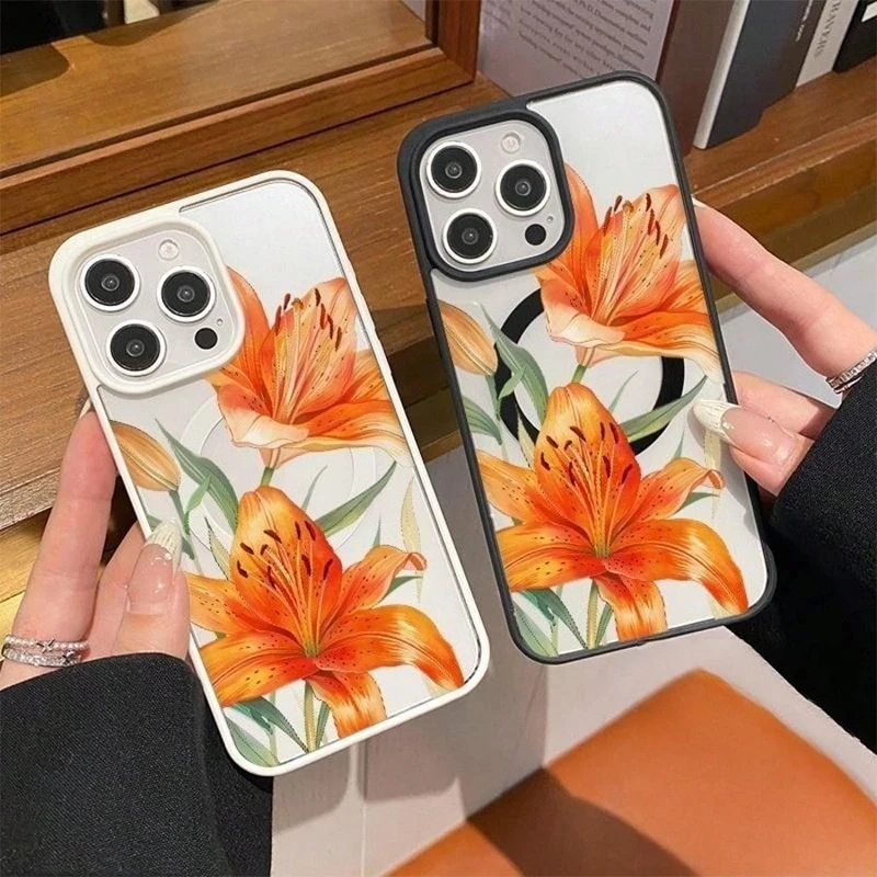 Orange Lily-Patterned Magnetic Case For iPhone 17 11 16 15 14 13 12 Pro Max Plus Air 17E 16E For Magsafe Wireless Charging Cover - view 2