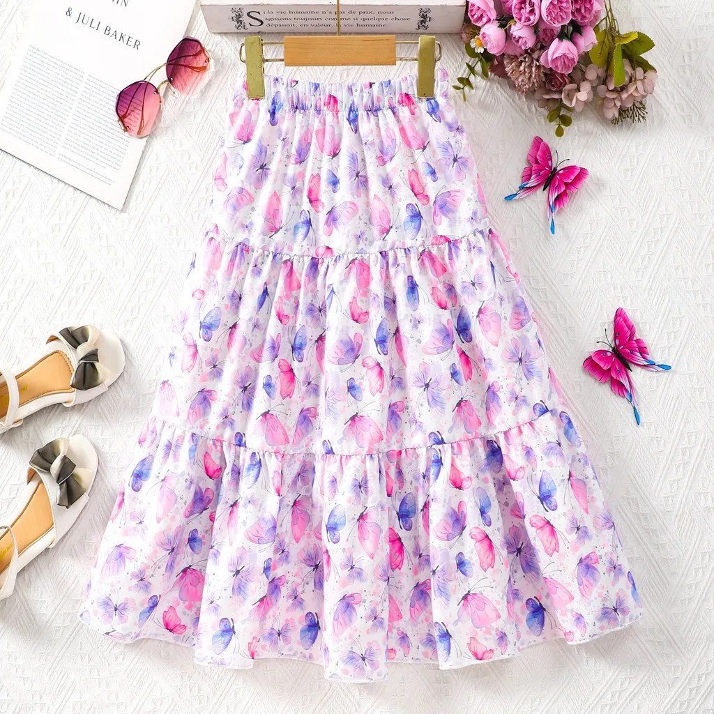 Long Skirt Teens Girl Clothes 8 9 10 11 12 Years Old Children Skirt Summer Casual Fashion Floral Butterfly A-Line Birthday Gift