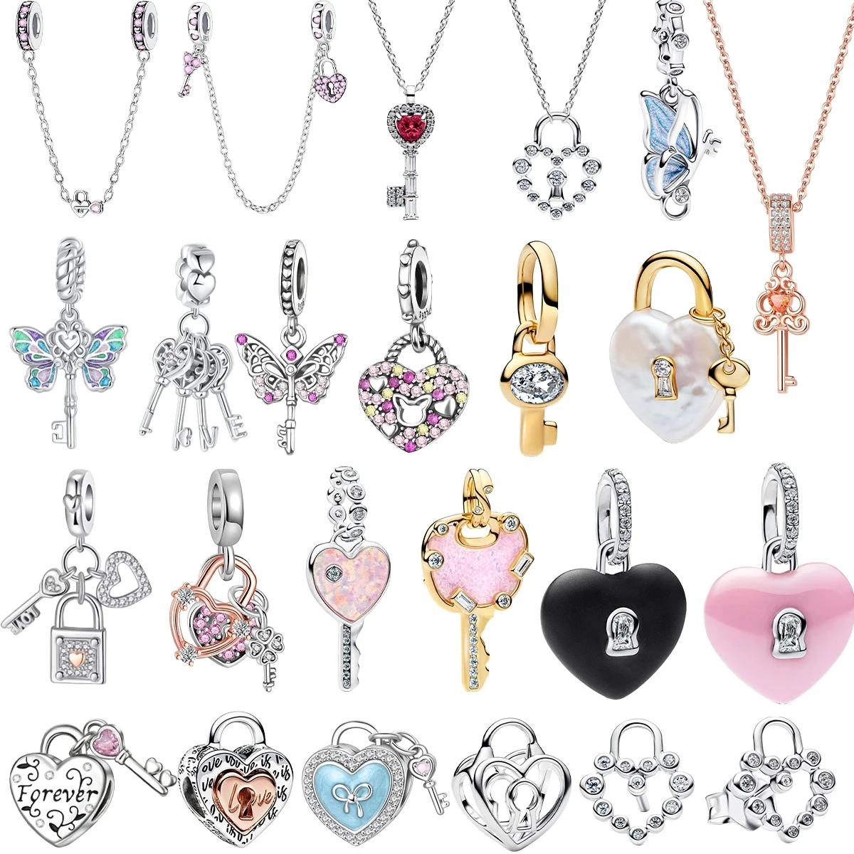 

Original 925 Sterling Silver Lock&Key Charms Lucky Heart Shaped Key Beads Pendants Fit Necklace Bracelet DIY Fine Jewelry Gift