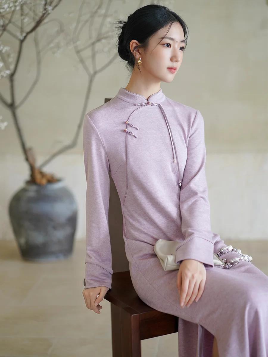 

Длинное вечернее платье Ele Long Dr Side Slit Low Cut Purple для женщин, в китайском стиле, с эффектом Aosphere Sensation, в пол