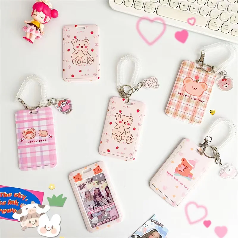 Kawaii Bear 3 inch Kpop Photocard Holder keychain with pendant Credit ID Bank Card Photo Display Holder Protective Case