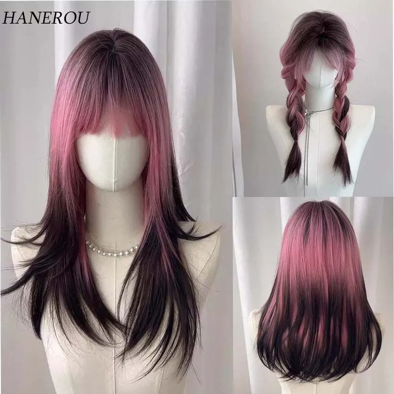 

Synthetic Gradient Pink Wig Long Straight Layered Wig with Bangs Dark Root Wigs For Women Cosplay Daily Party Fake Hair