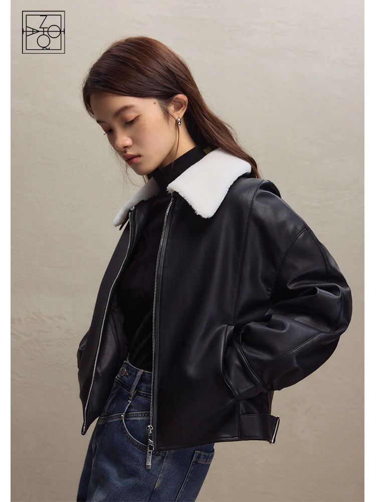 ZIQIAO-Blouson aviateur rétro en cuir PU pour femme, manches à revers, col en fourrure amovible, haute qualité, combinaison féminine, nouveau, 2023