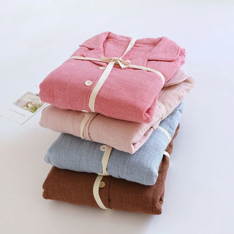 Women Yarn-Dyed Four Layer 100% Cotton Gauze Pajama Set Soft  Long Sleeve Breathable Healing Color Long Sleeve Home Loungewear