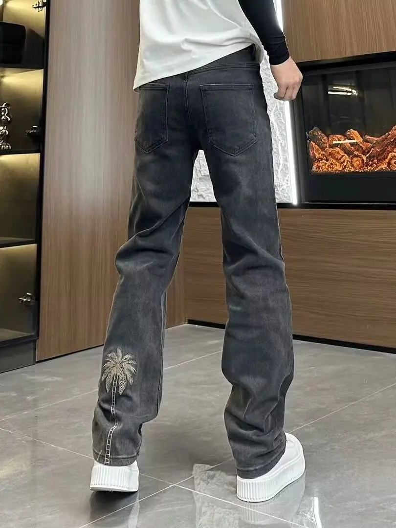 

Casual Straight Leg Men's Jeans Design Embroidery Elastic Slim Fit Trendy Brand Personality Fashion Long Pants Breathable Com...