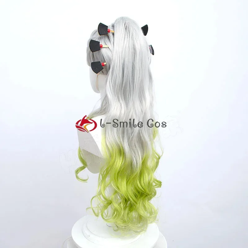 Anime Women Cosplay Silver Gradient Green Cruly Ponytail Daki Heat Resistant Synthetic Hair Party Wigs + Wig Cap