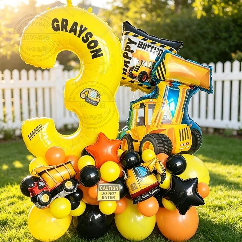 Lot de 58 mini ballons Bulldozer Véhicule d'Ingénierie, Ballons Chiffres Jaunes de 40 Pouces (1-9), Décoration de Fête Thème Architecture