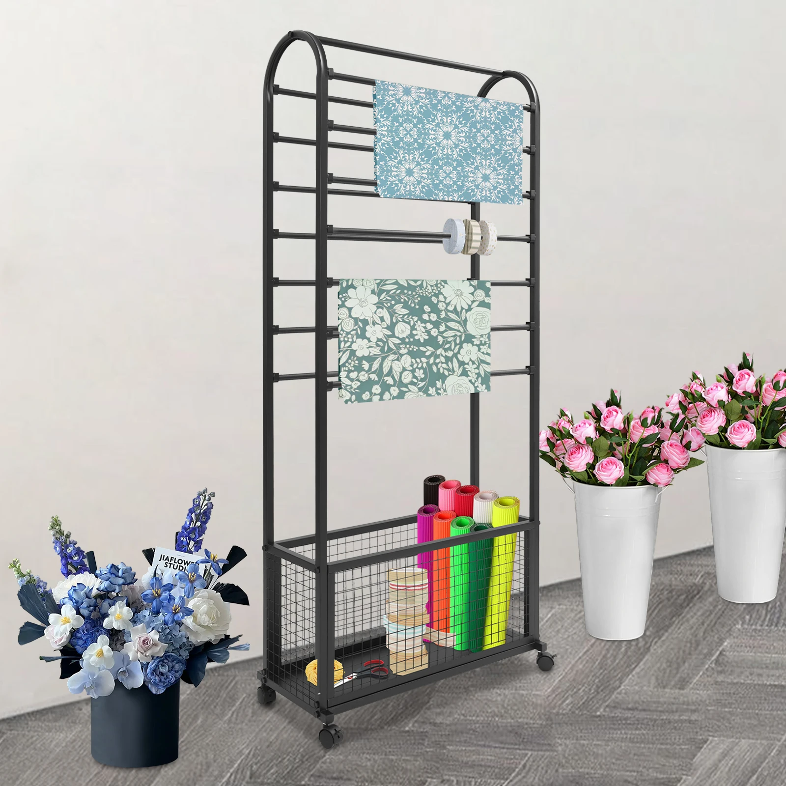 15 Rods Ribbon Holder Rack, Multifunctional Flower Wrapping Paper Rack with Storage Basket Iron Ribbon Holder for Flower Shop, Craft Room(Black)