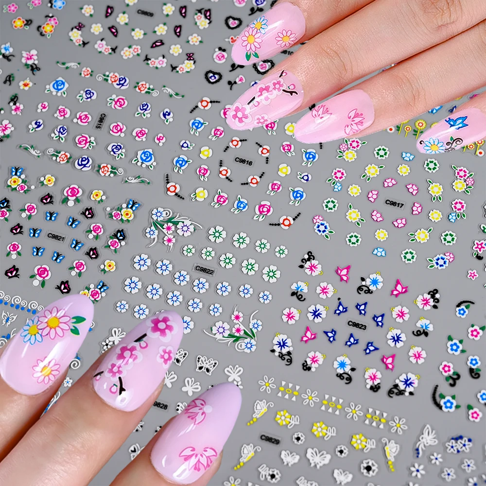 30 stuks kleurrijke vlinder/bloemen nail art stickers 5.5. *6,5 cm goud/zilver bloemen zelfklevende schuifregelaar schattige bloem manicure sticker