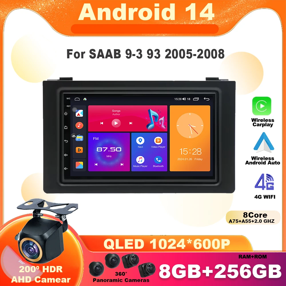 Android 14 Car Radio For SAAB 9-3 93 2005-2008 Video Player Head Unit Auto radio 2 Din GPS Navigation Multimedia Recorder Stereo