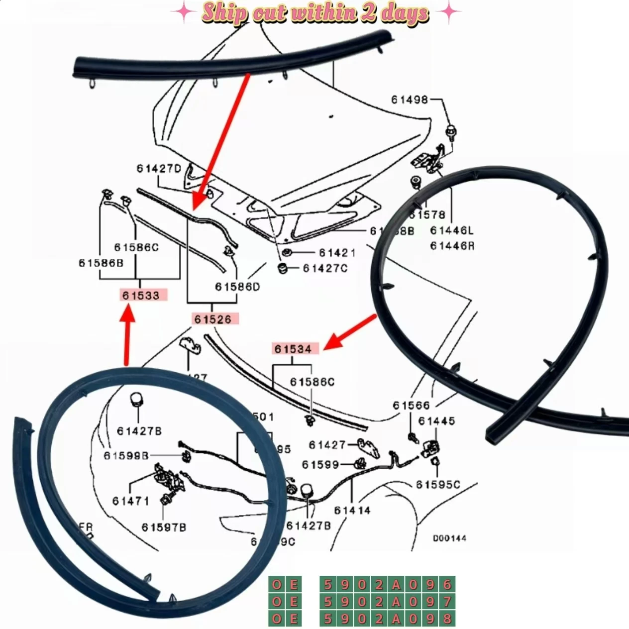

5902A097 5902A098 5902A096 5902A021 5902A078 Engine Hood Sealing Strip For Mitsubishi LANCER CY0A CX0A EVOX CZ4A 2007-2017