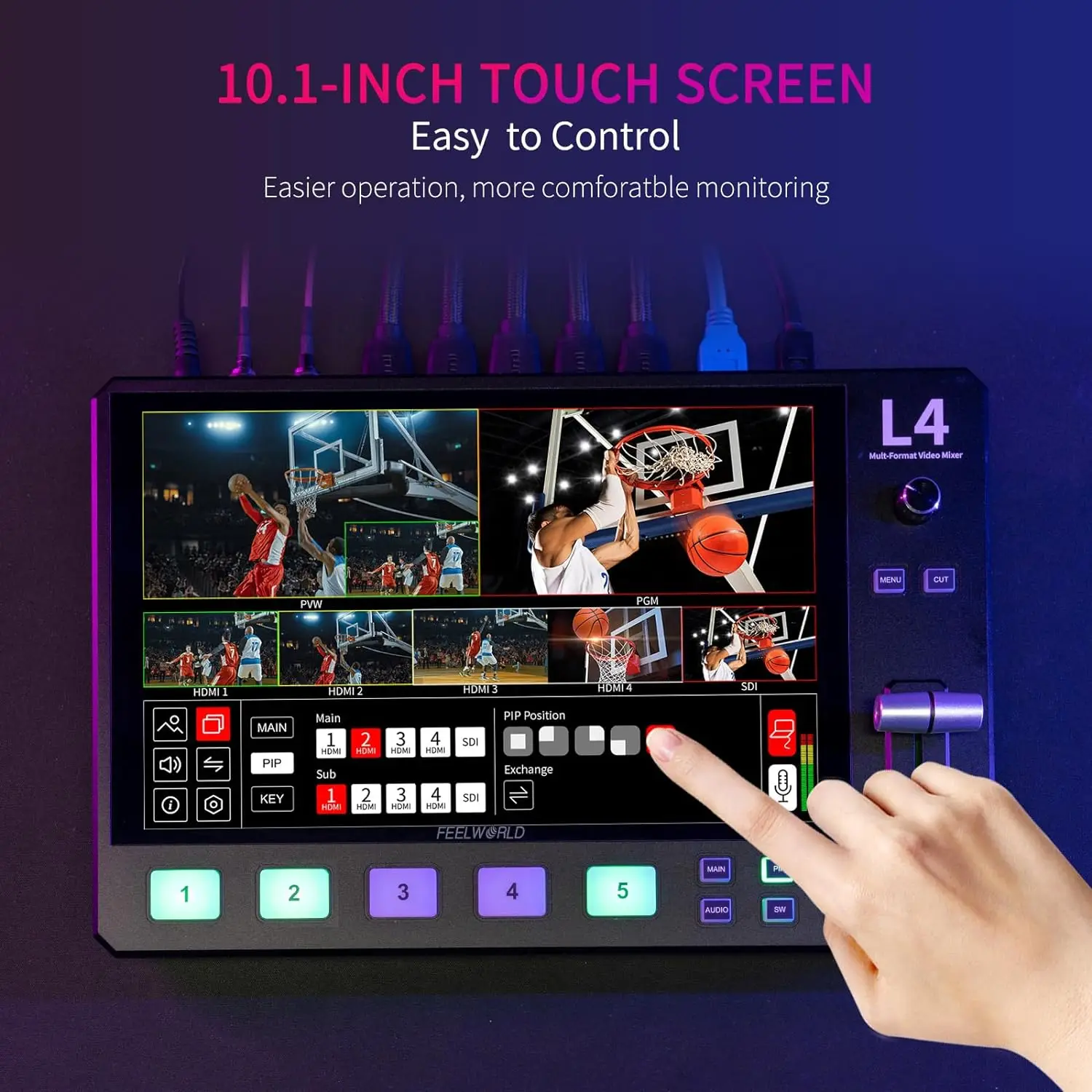 FEELWORLD L4 Multi-Camera Video Mixer Switcher with 10.1 Inch HDMI Multi-camera HD Video Streaming SDI Broadcast Station