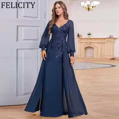 FELICITY Customized Fashion Mother of the Bride Dress 2026 A-Line V-Neck Applique Sequin Wedding Guest Dress Party Evening Gowns