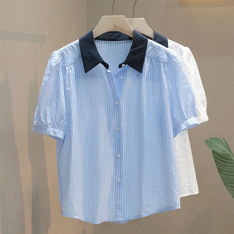 

2024 Women Summer Fashion Korean Contrast Color Stripe Shirt Female Lapel Short Sleeve Shirts Ladies Thin Casual Blouses F16